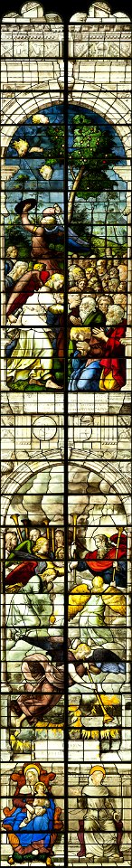 Saint-Chapelle de Vincennes - Baie 4 - Les anges marquant au front les serviteurs de Dieu, Les sept trompettes données aux anges, Vierge à l'Enfant et saint François d'Assise (Bgw17 0499)