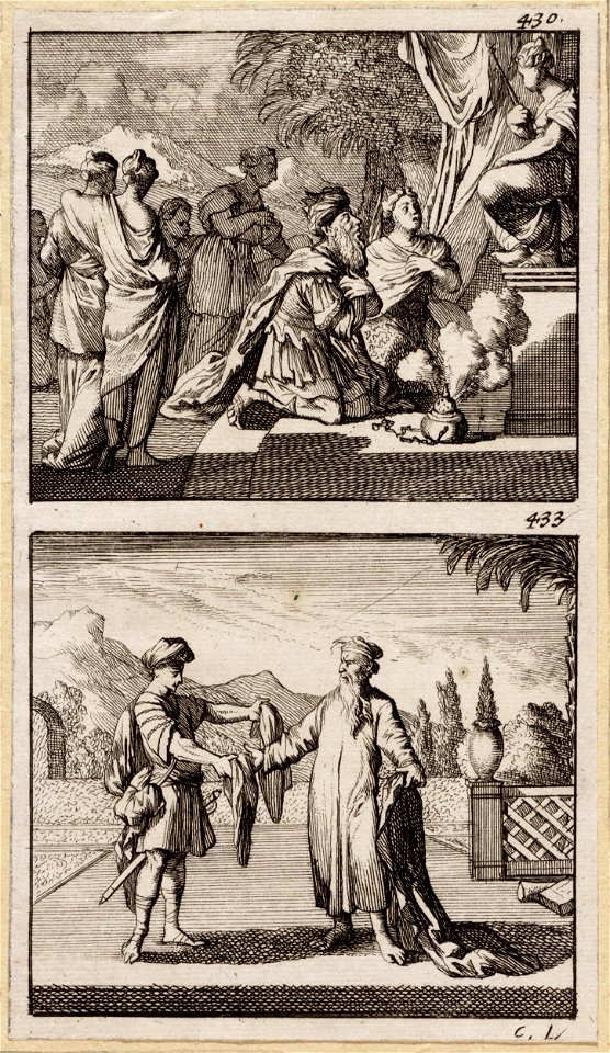 Salomo knielt met zijn vrouwen voor het altaar, Ahia verscheurt de mantel van Jerobeam, objectnr A 48152
