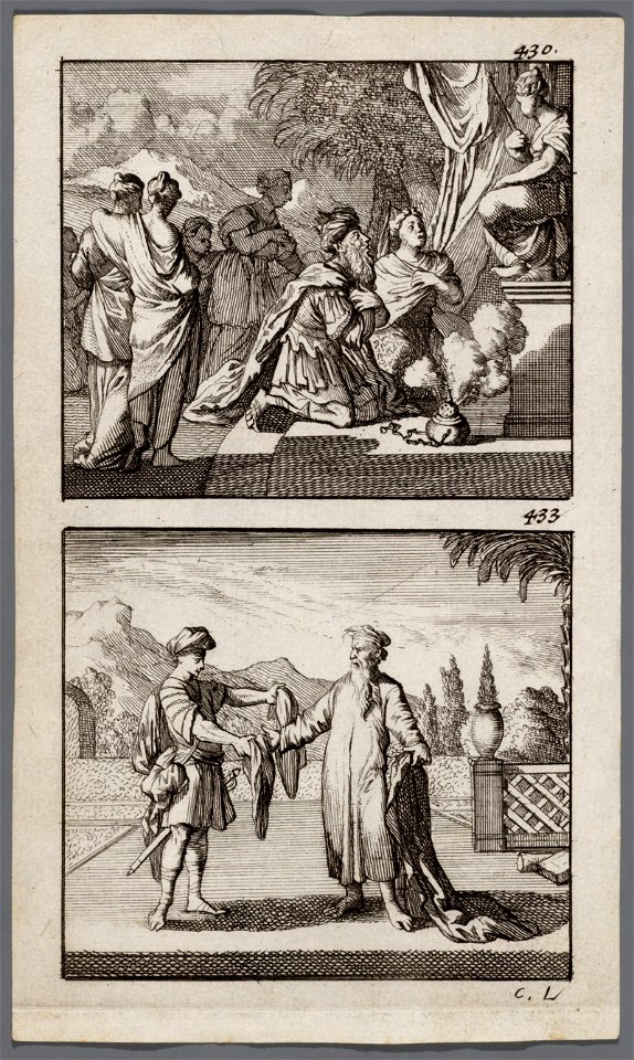 Salomo knielt met zijn vrouwen voor het altaar, Ahia verscheurt de mantel van Jerobeam, objectnr A 48071