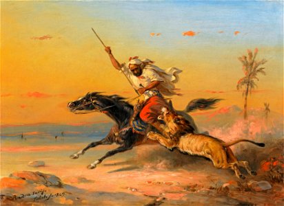 Raden Sarief Bustaman Saleh - Arab on horseback, attacked by a Lion (1849)
