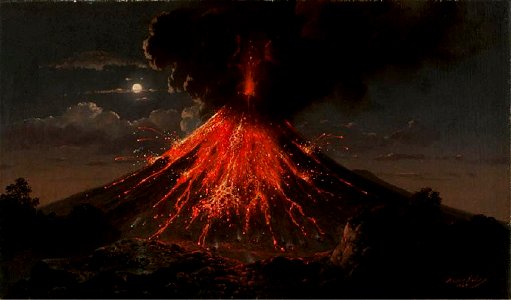 Raden Saleh - Merapi volcano, eruption at night, 1865. Free illustration for personal and commercial use.