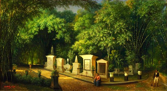 COLLECTIE TROPENMUSEUM Olieverfschilderij voorstellende het kerkhof in het park te Batavia met graven TMnr 0-432