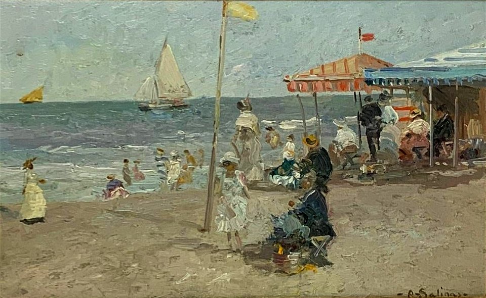 Beach scene in Spain by Agustín Salinas y Teruel