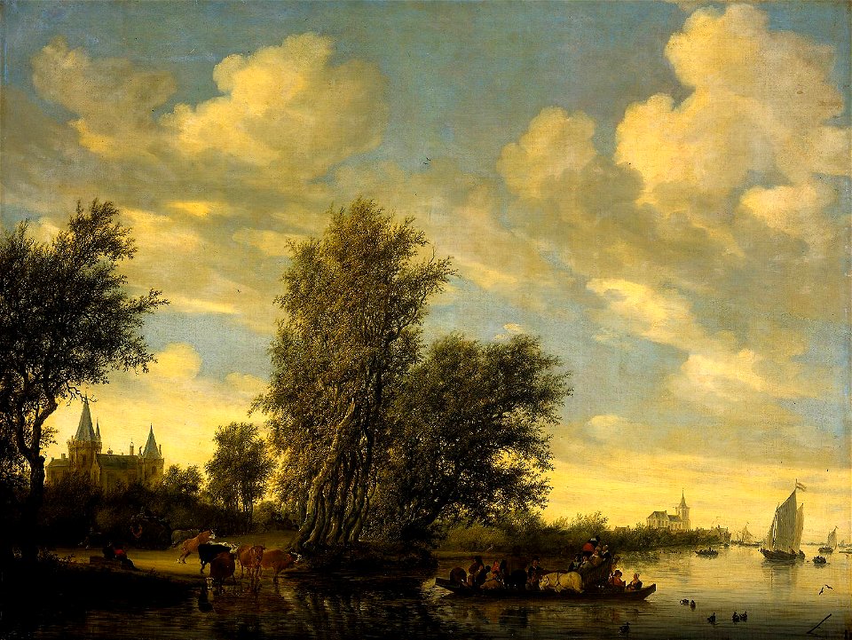 Salomon van Ruysdael River Landscape with Ferry 1649 before restoration
