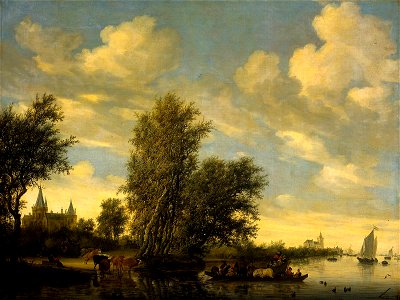 Salomon van Ruysdael River Landscape with Ferry 1649 before restoration