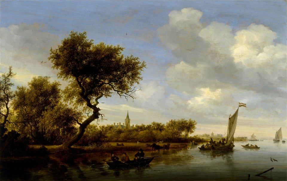 Salomon van Ruysdael - River Landscape with a Church in the Distance - Google Art Project
