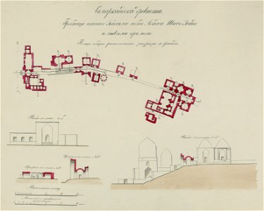 Samarkandskiia drevnosti. Grobnitsa sviatago Kassima ibni Abassa Shakh Zinde i mavzolei pri nem (sic). Plan' obshchago raspolozheniia razriezy i fasady. Fasad po linii a-b. Profil' po linii LCCN97501330