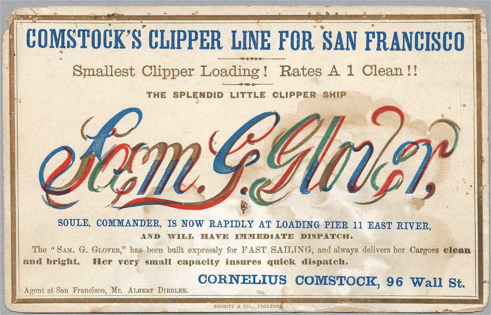 SAM G. GLOVER Clipper ship sailing card HN002772aA