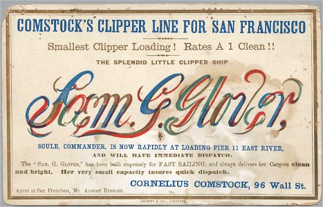 SAM G. GLOVER Clipper ship sailing card HN002772aA. Free illustration for personal and commercial use.