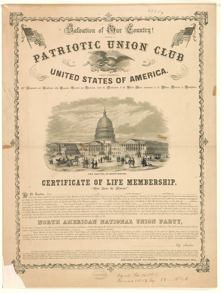 Salvation of our country! Patriotic Union Club of the United States of America. Certificate of membership LCCN2003679970