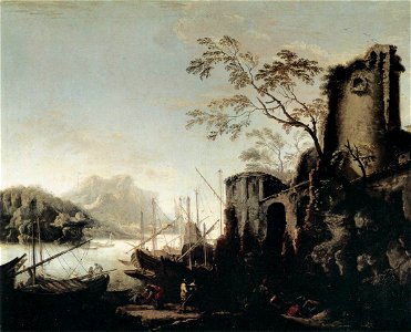 Salvator Rosa - Marine Landscape with Towers - WGA20051. Free illustration for personal and commercial use.