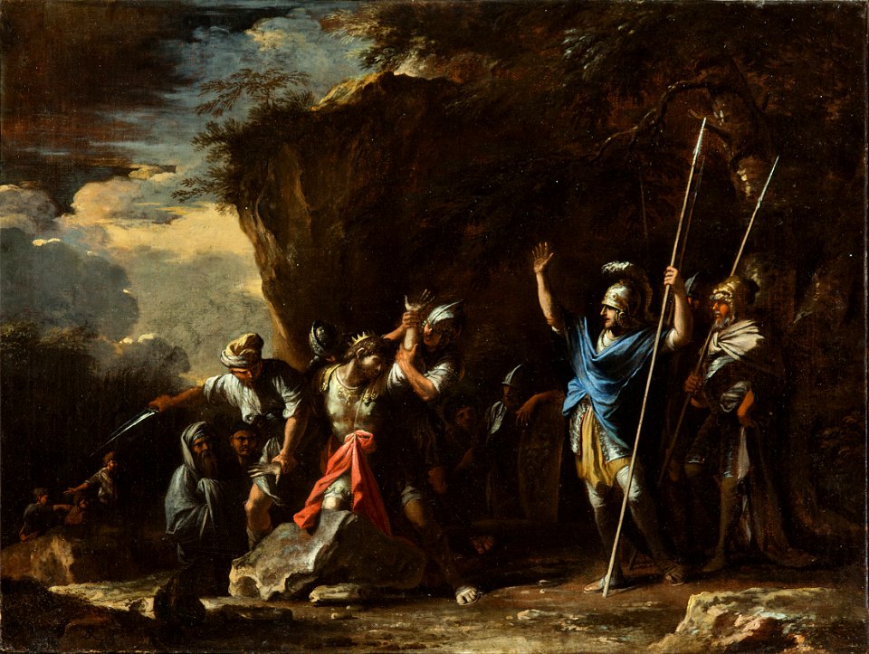 Salvator Rosa - Scene from Greek history- The deaf-mute son of King Croesus prevents the Persians from killing his f... - Google Art Project