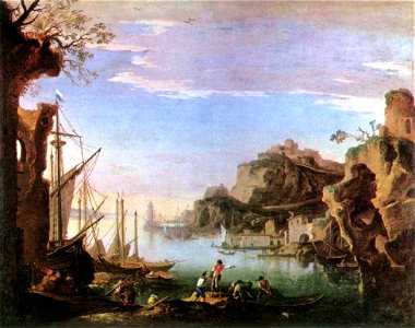 Salvator Rosa - Harbour with Ruins - WGA20049. Free illustration for personal and commercial use.