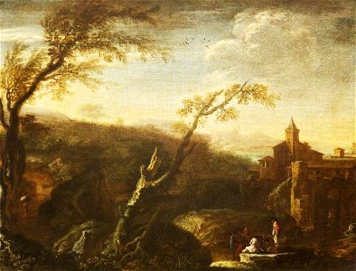 Salvator Rosa (1615-1673) (style of) - Italianate Landscape with Two Figures on a Rock before a Fortified Town - 732244 - National Trust