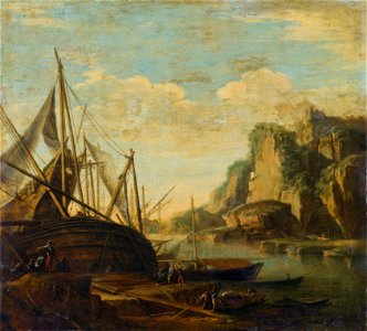 Salvator Rosa - A Mediterranean coastal landscape with a ship