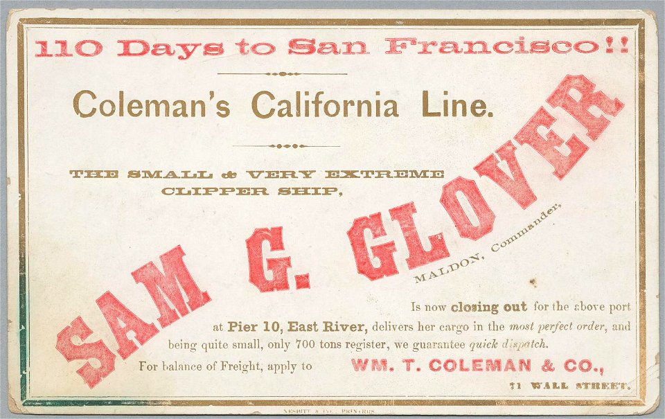SAM G. GLOVER Clipper ship sailing card HN002793aA