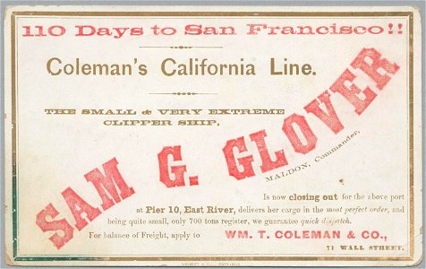 SAM G. GLOVER Clipper ship sailing card HN002793aA. Free illustration for personal and commercial use.
