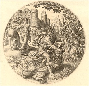 Samson rending the lion 1560 print by Maarten van Heemskerck, S.I 1558, Prints Department, Royal Library of Belgium