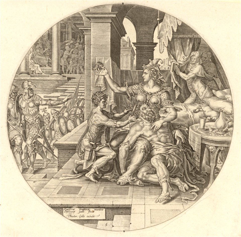 Samson and Delilah 1560 print by Maarten van Heemskerck, S.I 1561, Prints Department, Royal Library of Belgium