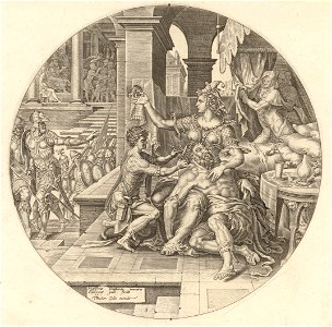 Samson and Delilah 1560 print by Maarten van Heemskerck, S.I 1561, Prints Department, Royal Library of Belgium