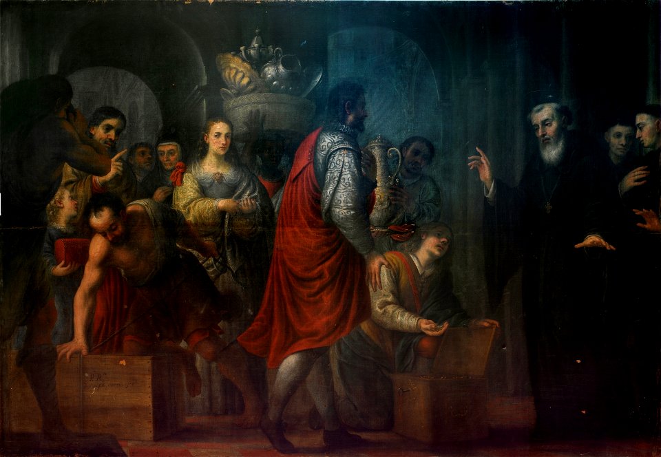 San Agustín recibiendo donaciones de los ricos, para entregarlas a los pobres (Museo del Prado)
