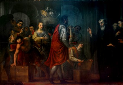 San Agustín recibiendo donaciones de los ricos, para entregarlas a los pobres (Museo del Prado). Free illustration for personal and commercial use.