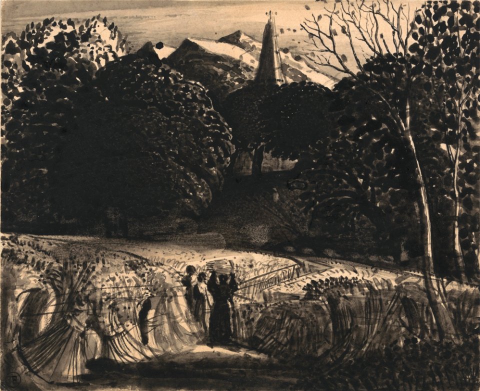 Samuel Palmer - Cornfield and Church by Moonlight - Google Art Project