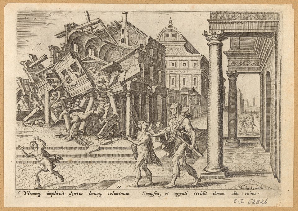 Samson Let Out of Prison And Destroying The Temple of The Philistines 1569 print by Maarten van Heemskerck, S.I 52826, Prints Department, Royal Library of Belgium