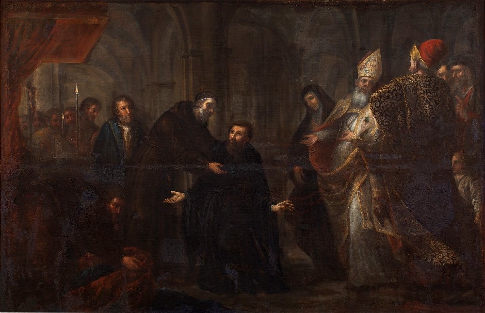 San Ambrosio imponiendo el hábito a San Agustín, de José García Hidalgo (Museo del Prado)
