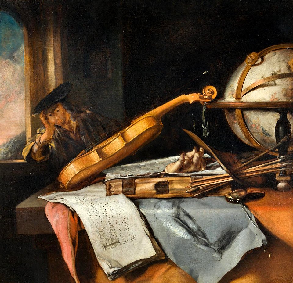 Samuel van Hoogstraten - Vanitas Stilleven met denken jonge man
