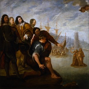 San Francisco de Paula navegando sobre su capa (Real Academia de Bellas Artes de San Fernando)