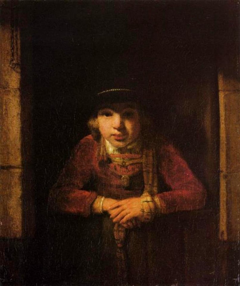 Samuel van Hoogstraten - Jongeman aan de onderdeur, met een hoed versierd met parels en met een gouden medaillon - ГЭ-2812 - Hermitage Museum