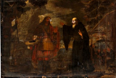 San Agustín recibe a Cristo peregrino, de José García Hidalgo (Museo del Prado). Free illustration for personal and commercial use.