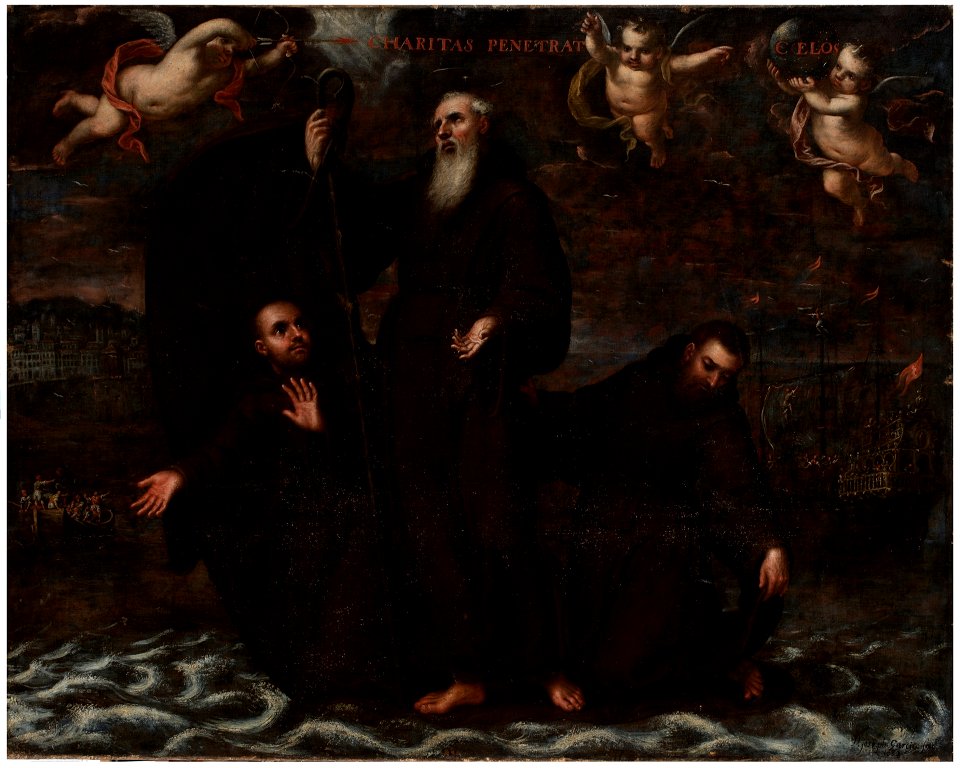 San Francisco de Paula y dos compañeros atraviesan el estrecho de Mesina sobre su manto (Museo del Prado)