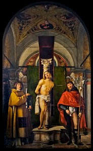 San Giacomo dall'Orio (Venice) - Interior - St Sebastian with St Lawrence and St Roch by Giovanni Buonconsiglio. Free illustration for personal and commercial use.