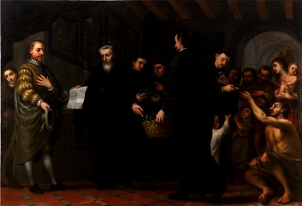 San Agustín repartiendo los bienes de los ricos entre los pobres, de José García Hidalgo (Museo del Prado). Free illustration for personal and commercial use.