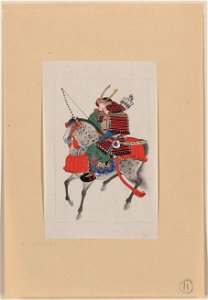 Samurai on horseback, wearing armor and horned helmet, carrying bow and arrows LCCN2009630054