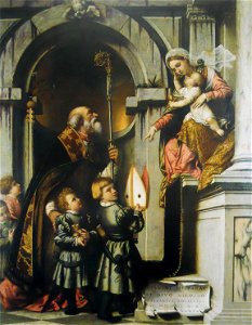 San Nicola di Bari presenta gli allievi di Galeazzo Rovelli alla Madonna in trono col Bambino. Free illustration for personal and commercial use.