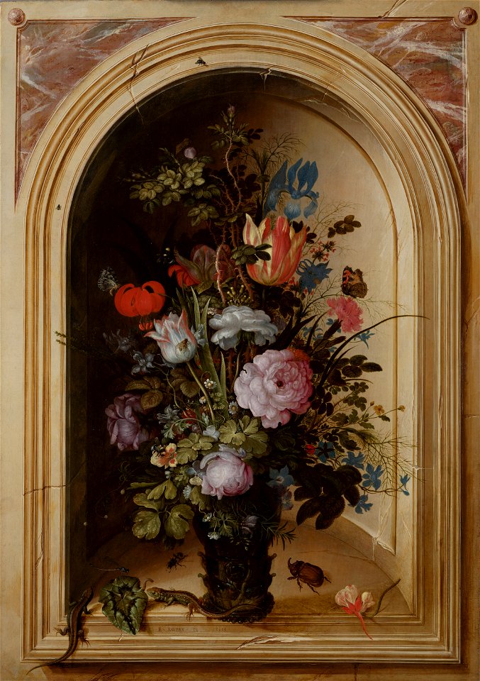 'Vase of Flowers in a Stone Niche' by Roelant Savery, Mauritshuis