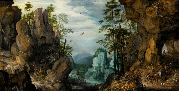 'A Rocky Landscape with Travelers' by Roelandt Savery, 1632