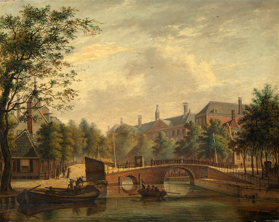 SB 5732-Het Aalmoezeniers-weeshuis, gezien vanaf de Prinsengracht over de verbindingsbrug van de Leidsegracht