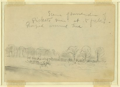 Scene of surrender of Pickets(sic) men, at 5 forks, Grouped around tree LCCN2004660564