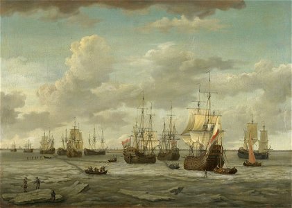 SB 5187-Het IJ met een vloot walvisvaarders gezien vanaf het bolwerk Blauwhoofd-Het bevroren IJ in de winter van 1728-29 met vastgevroren walvisvaarders, van het Blauwhoofd af gezien