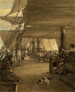Scene de pont montrant poulailler barreur et capitaine vers 1775