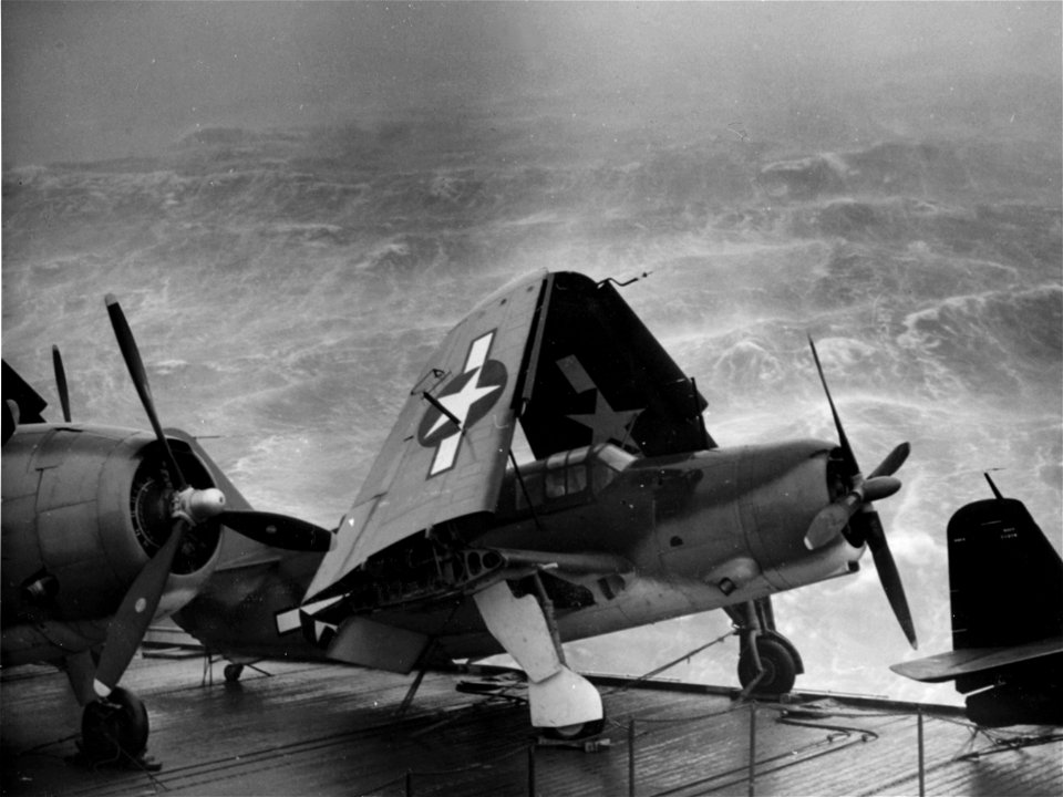 SB2C Helldiver on USS Kwajalein (CVE-98) in a typhoon 1944