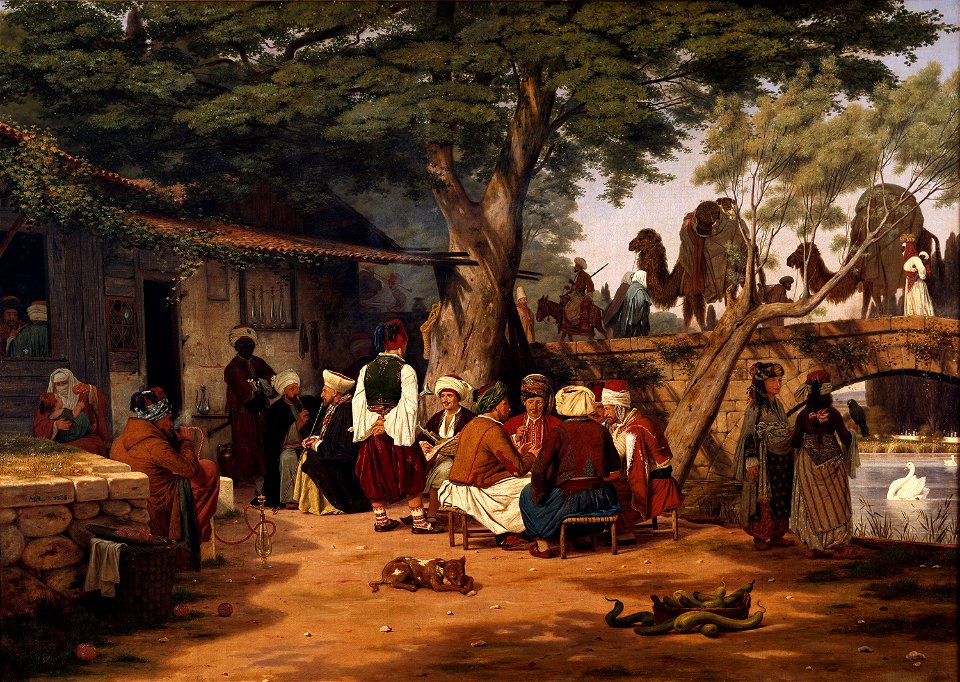 Scene af det offentlige liv i Orienten. Motiv ved karavanebroen i nærheden af Smyrma