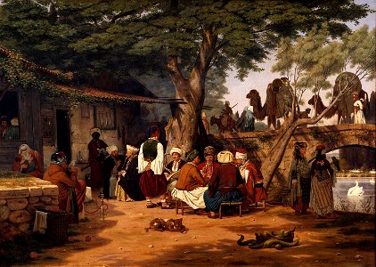 Scene af det offentlige liv i Orienten. Motiv ved karavanebroen i nærheden af Smyrma