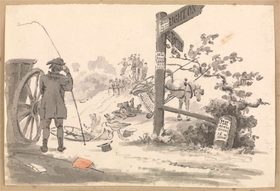 Scene at a crossroads with a horse and carriage bolting, a stagecoach approaching in bacgkround RMG PZ4320
