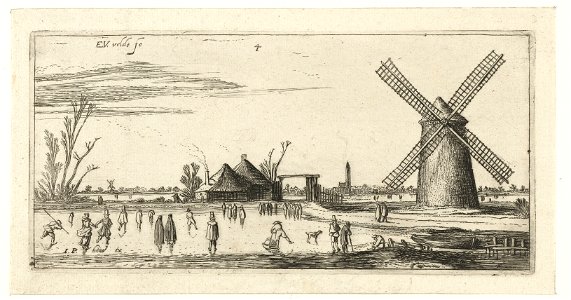 Schaatsers op het ijs bij een molen in de buurt van Penningsveer