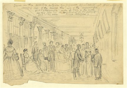 Scene in the corridor, outside the Japanese apartments at Willards showing one of the princes the use of the microscope and stereoscope LCCN2004660910